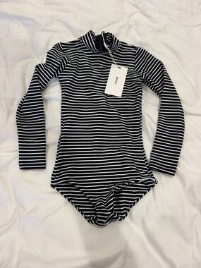 Mikoh Black and White Striped Long-Sleeve Girls One-Piece Swimsuit